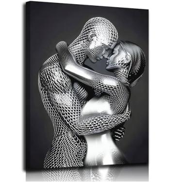 Imagem de Decoração de arte visual casal romântico preto e branco escultura de metal arte impressão em tela 3D casal quarto decoração de parede preto e branco moderno abstrato abraço amantes pintura pôster