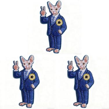 Imagem de U-Sky Costurar ou passar a ferro em remendos bordados | Gato Sphynx político bem-sucedido em terno azul com sinal de vitória | Design de animal engraçado para jaquetas bolsas jeans | Pacote com 3
