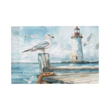 Imagem de Arevigh Jogo americano Lighthouse Gaivota, conjunto de 4 tapetes de mesa laváveis, oceano, náutico, litoral, resistente ao calor, algodão, linho, para mesa de jantar, cozinha, ambientes internos e