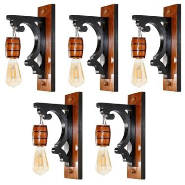 Imagem de Kit 5 Arandelas Luminárias de Parede Rústica Colonial Barril Madeira Maciça - Retrô Vintage - Mogno