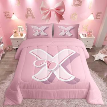 Imagem de jejeloiu Conjunto de cama com laço rosa, tamanho solteiro, presente personalizado para meninas, letra X, monograma, ultramacio, kawaii, rosa, conjunto de edredom moderno