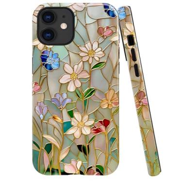 Imagem de Capa para iPhone 12, compatível com design de capa brilhante para meninas e mulheres, vitrais florais coloridos
