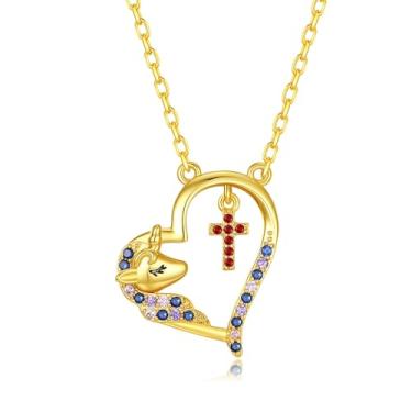 Imagem de DVAVA Colar de cruz de unicórnio para meninas – Colar colorido com cruz de unicórnio e coração de zircônia cúbica para meninas, presente de Natal para meninas e adolescentes, 16 inch+2 inch, Cobre