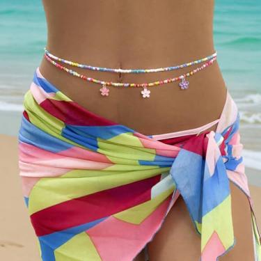 Imagem de Corrente de cintura com contas Boho para mulheres – Corrente de barriga com miçangas coloridas com lindos pingentes de flores, joia corporal de praia em camadas, contas de barriga de biquíni de verão