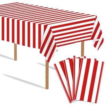 Imagem de HIKIMA 4 toalhas de mesa listradas vermelhas e brancas, 137 x 274 cm, toalhas de mesa de carnaval para festas de fim de ano, cinema, noite, circo, decoração de festa