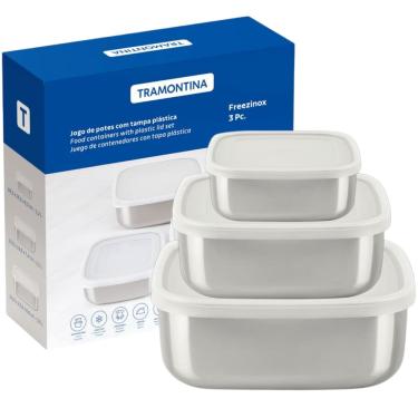 Imagem de Jogo De Potes Aço Inox Quadrado Tampa 3 Peças Tramontina Freezinox Cozinha