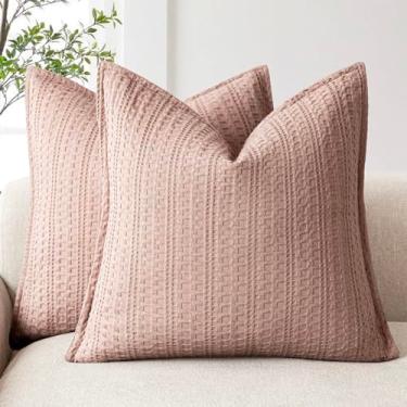 Imagem de Foindtower Conjunto de 2 capas de almofada decorativas de algodão waffle, capas de almofada europeias, para cama, sofá, quarto, sala de estar, decoração de casa, 61 x 61 cm, rosa empoeirado