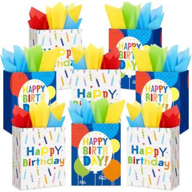 Imagem de Teenyyou Sacos de presente de feliz aniversário com papel de seda reutilizáveis sacos de embrulho não tecidos com alça 26 x 21 x 10 cm para presente de festa de aniversário (8 peças)