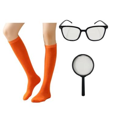 Imagem de VIGUEUR Conjunto de 3 peças de acessórios para fantasia de Halloween, meias laranja na altura do joelho, óculos redondos pretos, adereço de lupa para mulheres adultas