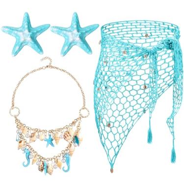 Imagem de Cotwinter 4 peças de fantasia de sereia para cosplay de Halloween feminino, saia de crochê de sereia, colar de estrela do mar, grampo de cabelo, Azul, One Size