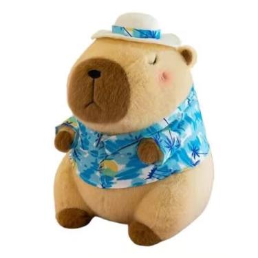 Imagem de Capivara de Pelúcia, bichinho de pelúcia com Chapéu, Vestido Rosa e Camisa Azul – Fofo, Criativo, Macio, Decorativo, Colecionável - 22 cm (CAMISA AZUL)