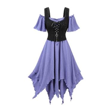 Imagem de ROSE GAL Women Plus Size Medieval Renaissance Costume Dress Cold Shoulder Textured Crinkly Layered Lace-up Underbust Corset Dress(Light Purple/3X)