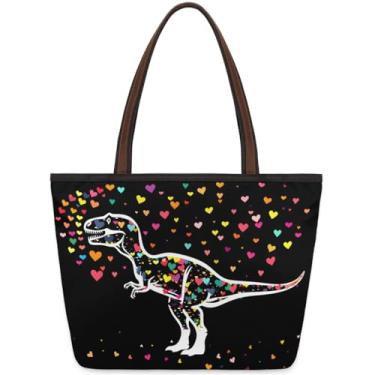Imagem de Sacola grande feminina com coração de dinossauro, bolsa de pano de trabalho divertida com zíper, reutilizável, bolsa de mão, casual, para viagem, trabalho, férias, praia, compras, academia, presentes