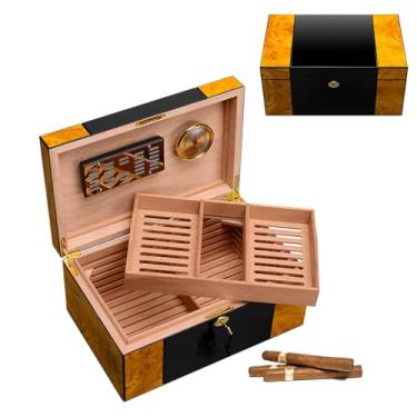 Imagem de HGTRH Umidor de charuto, caixa de mesa de madeira de cedro com higrômetro e umidificador acessório de umidificador de madeira com camada dupla comporta até 150 charutos