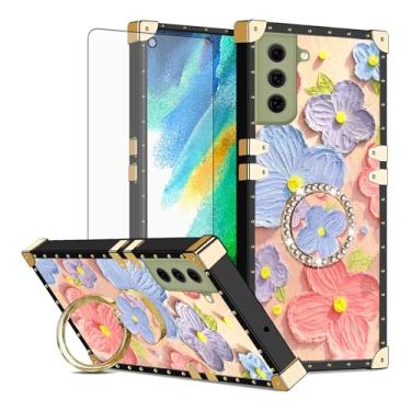 Imagem de Asuwish Capa de celular para Samsung Galaxy S21 FE 5G capa magnética com protetor de tela de vidro temperado e anel de flor de pintura suporte rígido S 21 EF S21FE5G UW S21FE 21S G5 16.3 cm feminino