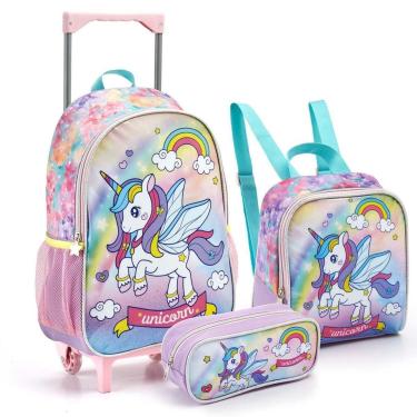 Imagem de Kit Mochila Rodinha Lancheira Estojo Escolar Infantil Unicornio Seanite-Feminino