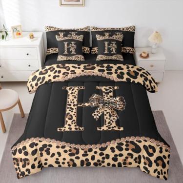 Imagem de Conjunto de edredom solteiro com laço de chita africana com lençol para mulheres, meninas e adultos - Conjunto de cama com letra H do alfabeto com estampa de leopardo em uma bolsa, moderno, moderno