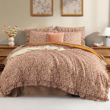 Imagem de BLOOMHAVEN Conjunto de edredom completo - Conjunto de cama floral marrom com babados, cama de fazenda chique gasto em uma bolsa completa com edredom de babados, lençóis, fronhas e fronhas
