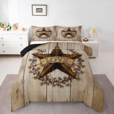 Imagem de jejeloiu Conjunto de edredom infantil rústico ocidental, tamanho Queen, estrela do Texas, retrô, de grão de madeira, para decoração de casa de fazenda, microfibra ultramacia e respirável