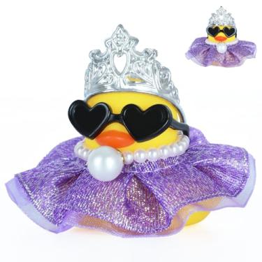 Imagem de FINEED Vestido princesa de pato de borracha com glitter roxo, coroa - decoração de painel estridente, acessórios de carro para adultos, decoração de alívio de estresse com óculos de sol de coração e