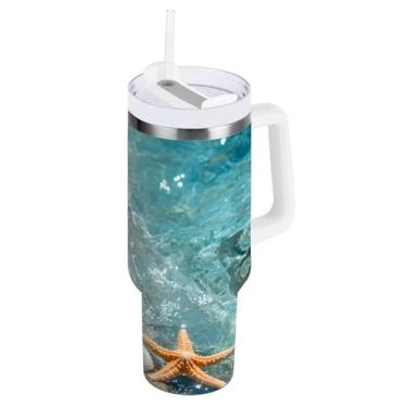 Imagem de Qilmy Copo de chapéu de palha de 850 g na praia com tampa e canudo, copo isolado de aço inoxidável durável à prova de vazamento com alça, garrafas de água à prova de derramamento para Travel855