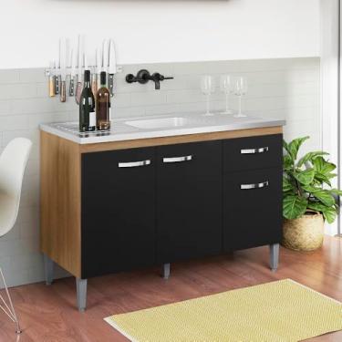 Imagem de Balcão Armário de Cozinha Gabriela 120cm Amêndoa/Preto S/Tampo 3 Portas 1 Gaveta