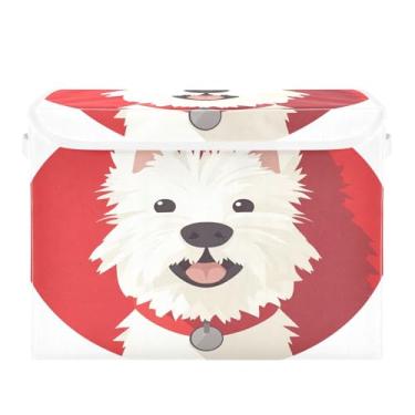 Imagem de STAYTOP Cesto de armazenamento dobrável para cachorro branco fofo com tampa, caixa de armazenamento decorativa, organizador de recipientes, cestas de armazenamento para quarto, armário e sala de estar