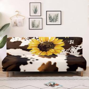 Imagem de NETILGEN Capas para sofá-cama sem braços com estampa de vaca marrom girassol com faixas elásticas para sala de estar em casa, fácil de instalar, antiderrapante, para futon, lavável na máquina