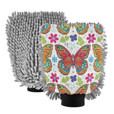 Imagem de STAYTOP Lindas luvas de lavagem de carro borboleta estilo mandala, 2 peças, luvas de microfibra de chenille, sem arranhões, panos de esponja de lavagem ultra absorventes para carros, limpeza doméstica