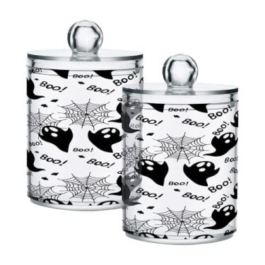 Imagem de STAYTOP 4 frascos de boticário Qtip para banheiro com etiquetas – Recipiente de armazenamento Qtip de plástico transparente para bola de algodão, cotonete, grão de café, fantasmas e abóboras de
