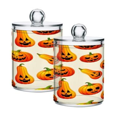 Imagem de STAYTOP 2 frascos de boticário Qtip para banheiro com etiquetas – Recipiente de armazenamento Qtip de plástico transparente acrílico para bola de algodão, cotonete, grão de café - abóbora divertida