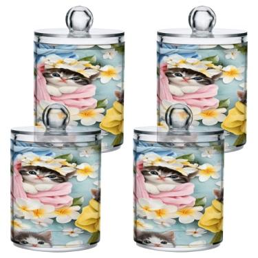 Imagem de STAYTOP 4 frascos de boticário para gatos fofos com etiquetas – Recipiente de armazenamento Qtip de plástico transparente para bolas de algodão, cotonete, grão de café