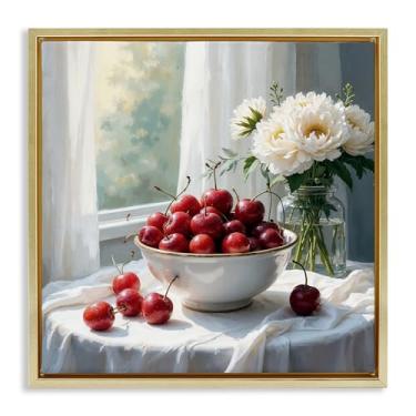 Imagem de Stupell Industries Cherries & Flowers Still Life Gray Framed Floater Canvas Wall Art, design by Lettered and Lined, 18 x 18