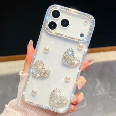 Imagem de Capa MC Fashion compatível com iPhone 17 de 6,3 polegadas, 3D Pearl Heart Sparkling Strass Glitter IMD TPU Case para mulheres e meninas (transparente)