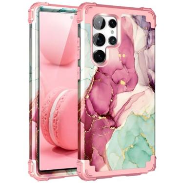 Imagem de BQQFG Capa para Galaxy S23 Ultra, design de mármore, três camadas, resistente, à prova de choque, híbrido, plástico rígido, amortecedor, capa protetora de borracha de silicone macio para Galaxy S23 Ultra de 6,8 polegadas, ouro rosa