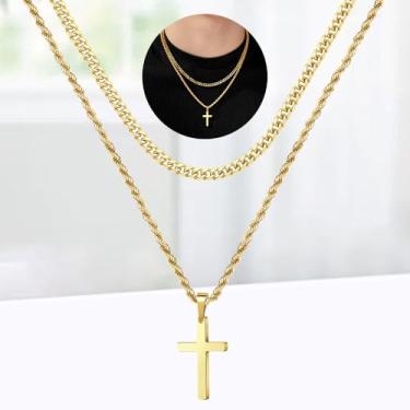 Imagem de Colar de cruz de aço inoxidável - Corrente com pingente de cruz dourada preta e prata para homens, one size, Aço inoxidável, Sem Pedra Preciosa