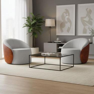 Imagem de Poltrona Sala Orgânica Kit 2 Lua Fixa Sintético PU Nozes/Linho D03 - D