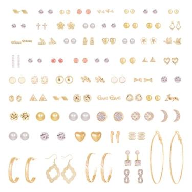 Imagem de Conjunto de 72 pares de brincos femininos sortidos, vários simples, geométricos, falsos, pérolas, brincos redondos, One size, Zinco, Sem pedra preciosa