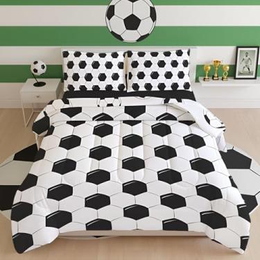 Imagem de BQH Conjunto de cama de futebol para meninos – Conjunto de edredom completo de 5 peças com estampa de bola de futebol e gol, cama em bolsa preta e branca para decoração de quarto de crianças, macio e