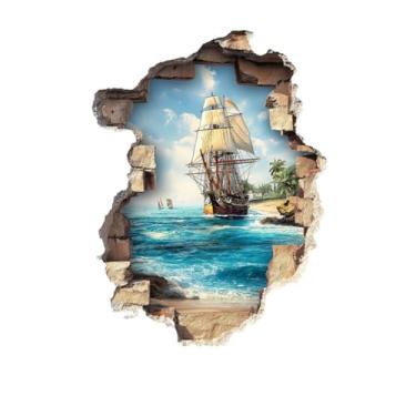 Imagem de MaiKeAYang Decalques de parede 3D, murais, decorações de parede de vinil removíveis, barco à vela no mar para sala de estar, quartos de bebê, quarto, banheiro, casa, parede, decoração DIY