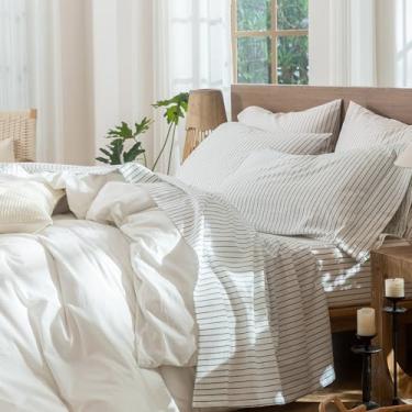 Imagem de MooMee Jogo de lençol listrado 100% algodão lavado como linho texturizado respirável durável macio confortável (listras largas verdes mescladas brancas, Queen)