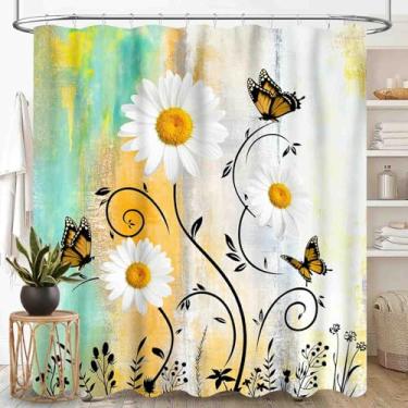 Imagem de Cortina de chuveiro floral para banheiro, casa de camomila margarida colorida flor brilhante primavera borboleta país rural sazonal amarelo azul-petróleo tecido impermeável conjunto de cortina de