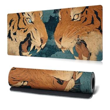 Imagem de Tapete de mouse Tiger Gaming abstrato amarelo 81,5 x 28 cm garras e dentes ferozes base de borracha antiderrapante grande mousepad bordas costuradas teclado mouse pad tapete de mesa para escritório e