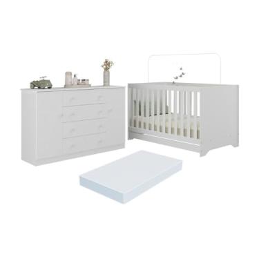 Imagem de Berço Americano 3 em 1 com Colchão Incluso e Cômoda 2 Portas 4 Gavetas Encanto Multimóveis Mp4703 Branco