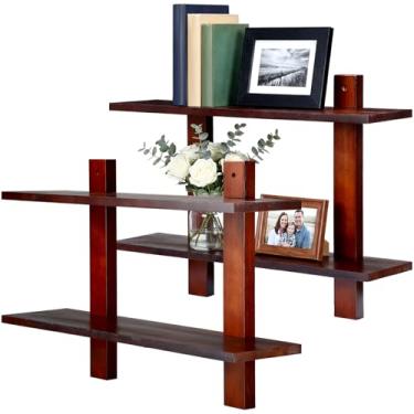 Imagem de Vercraft Pacote com 2 prateleiras flutuantes de 2 camadas, prateleiras de parede de meados do século, unidade de prateleira montada em rack de madeira rústica para exibição suspensa para sala de estar