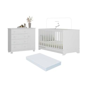Imagem de Berço Americano 3 em 1 com Colchão Incluso e Cômoda 1 Porta 4 Gavetas Allegra Multimóveis Mp4696 Branco