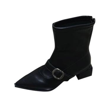 Imagem de Botas femininas de salto fino no tornozelo para outono e inverno com fivela de cinto que aumenta a altura, design confortável e cor sólida, Preto, 34