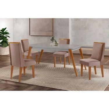 Imagem de Sala Jantar Mesa Havana Tampo c/ Vidro Curvo 120cm+4 Cadeiras Tilia Madeira Naturale/Off White - Capuccino/Linho Capuccino - Rufato