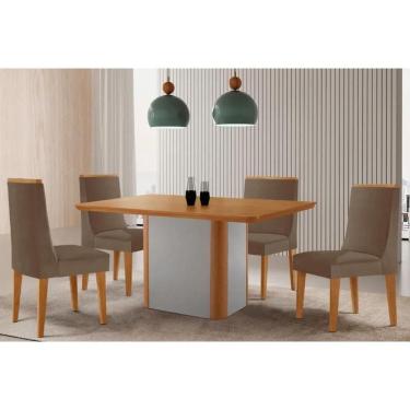 Imagem de Sala Jantar Mesa Pietá Tampo Curvo 120cm+4 Cadeiras Dakota Madeira Naturale/Off White - Capuccino/Suede Capuccino - Rufato