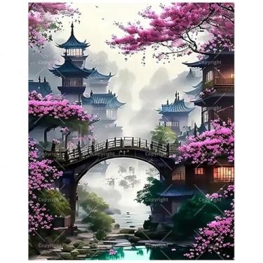 Imagem de Kit de pintura de arte cultural por números para adultos – Ponte de flor de cerejeira DIY e pintura de pagodes em tela, 40 x 50 cm, conjunto de tinta acrílica emoldurada para iniciantes, arte oriental